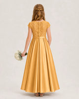 Gold Satin Lace A-Line Junior Bridesmaid Dresses Back View