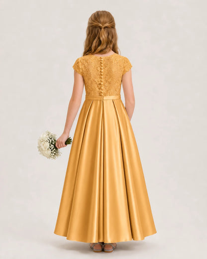 Gold Satin Lace A-Line Junior Bridesmaid Dresses Back View