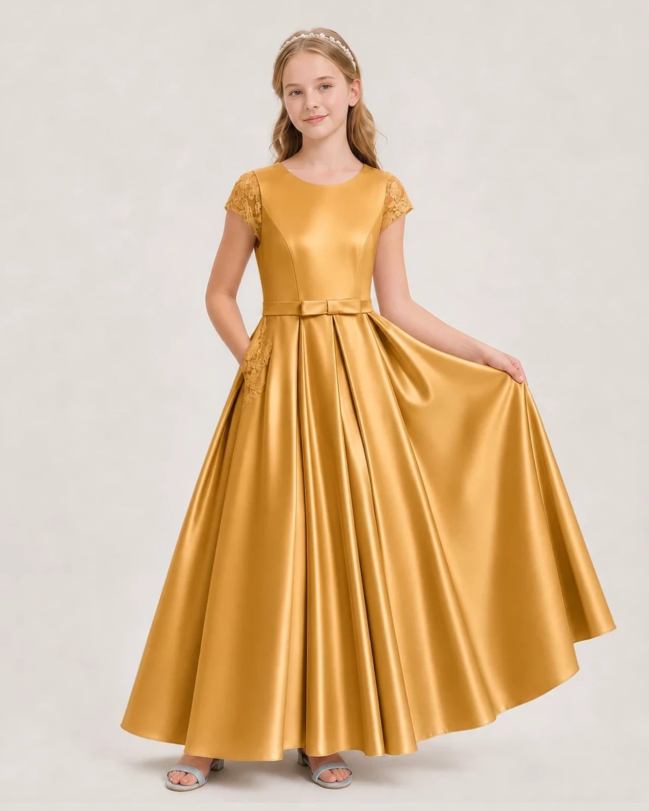 Gold Satin A-Line Junior Bridesmaid Dresses Front View