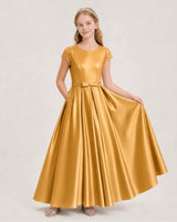 Gold Satin A-Line Junior Bridesmaid Dresses Front View