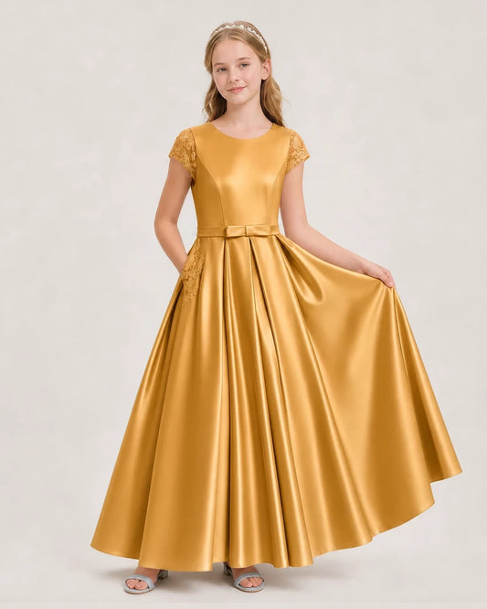 Gold Satin A-Line Junior Bridesmaid Dresses Front View