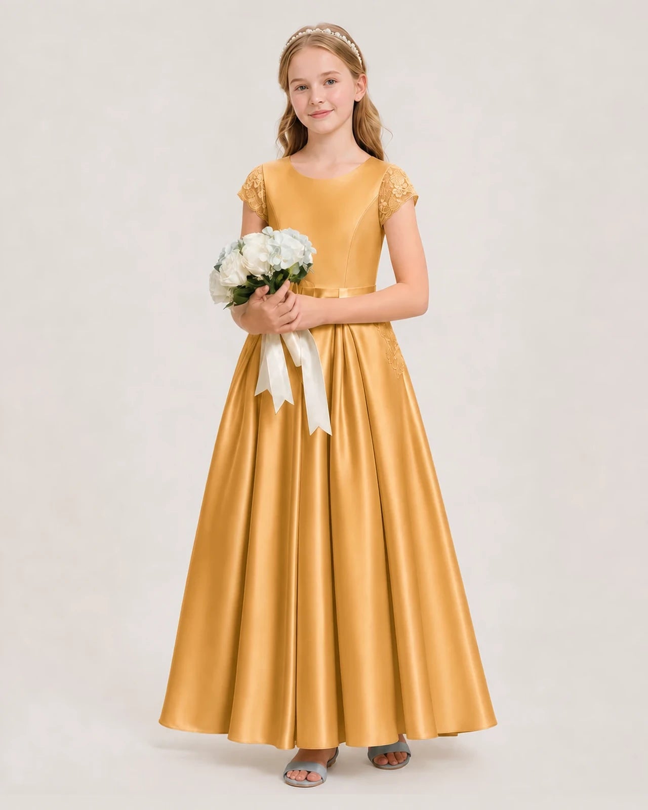 Gold Satin A-Line Junior Bridesmaid Dresses Side View