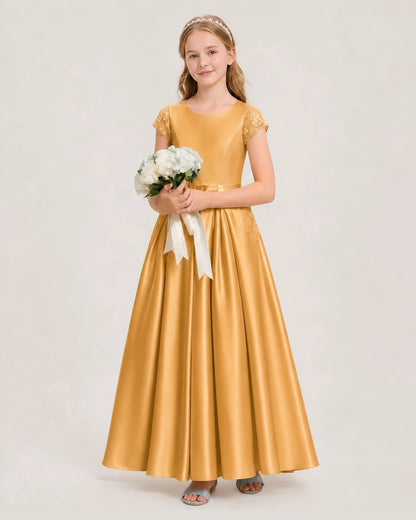 Gold Satin A-Line Junior Bridesmaid Dresses Side View