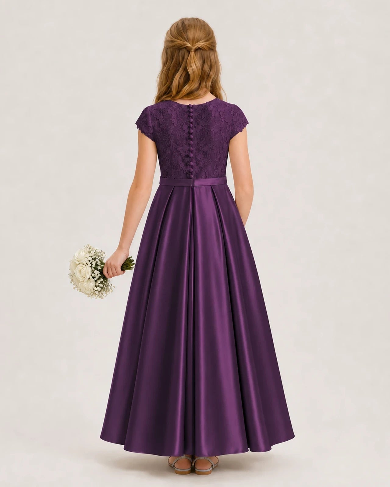 Grape Lace Satin A-Line Junior Bridesmaid Dresses Back View