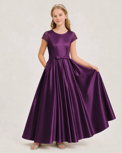 Grape Satin A-Line Junior Bridesmaid Dresses Front View
