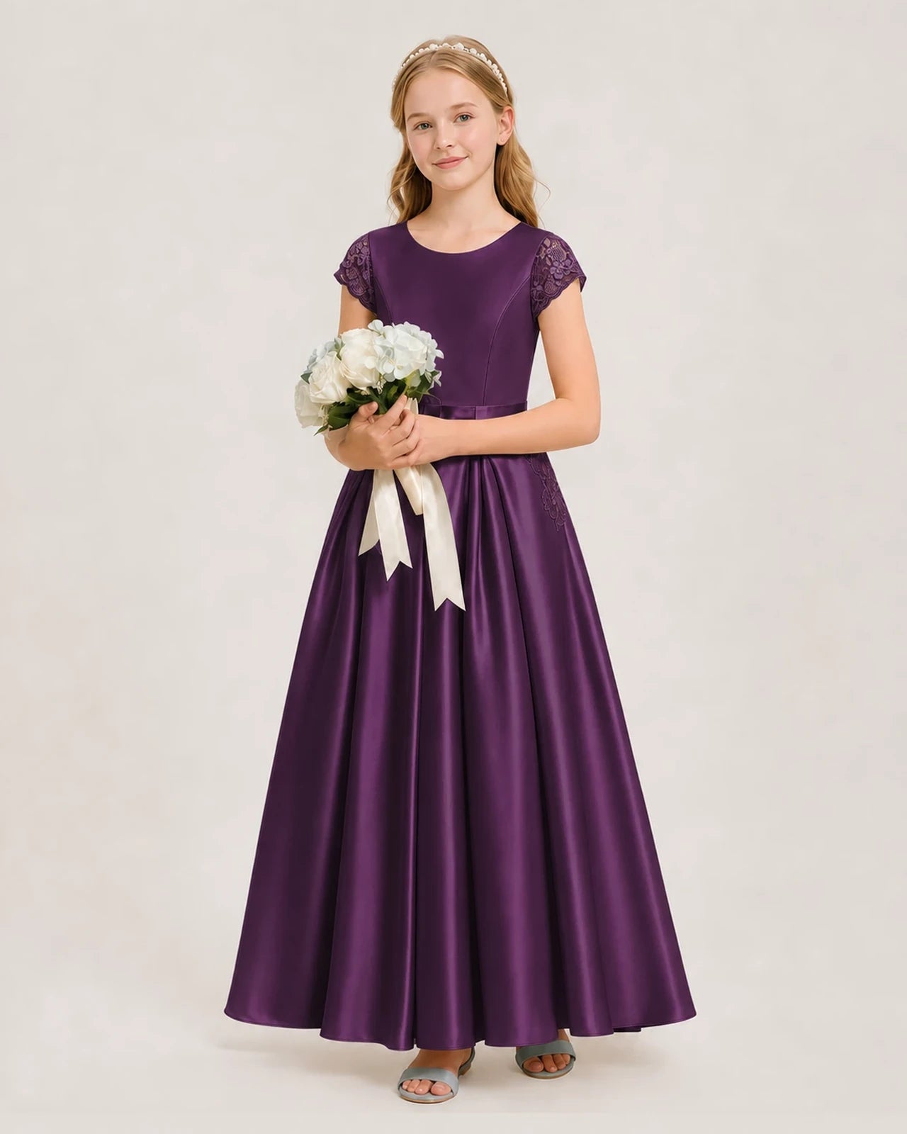 Grape Satin A-Line Junior Bridesmaid Dresses Side View