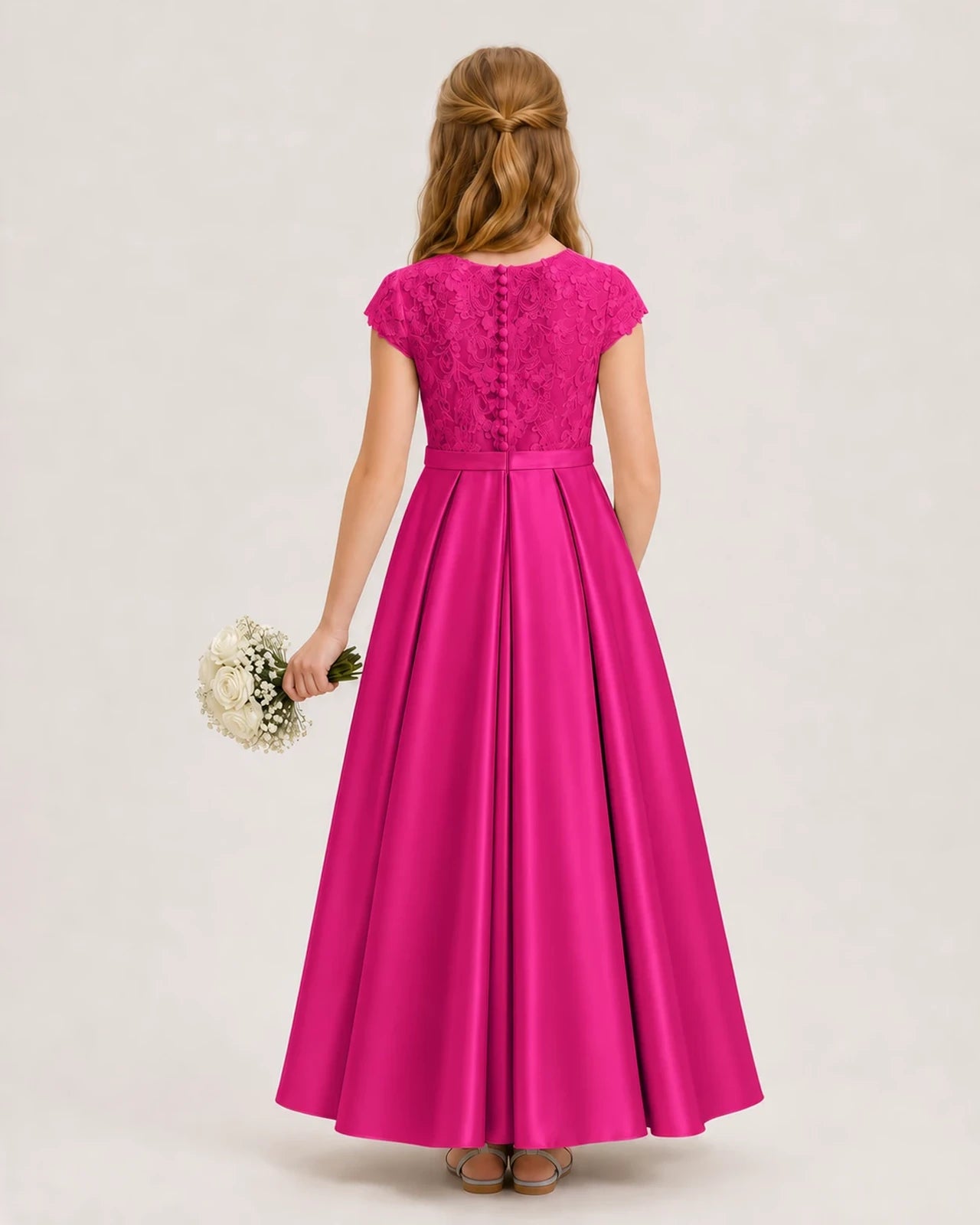 Hot Pink Satin Lace A Line Junior Bridesmaid Dresses Back View