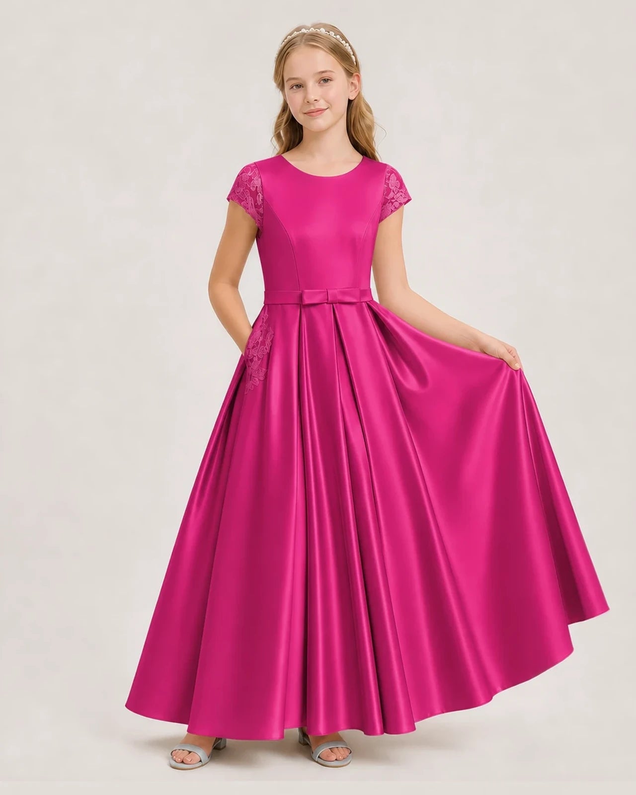 Hot Pink Satin A-Line Junior Bridesmaid Dresses Front View