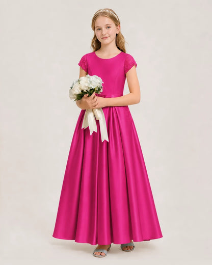 Hot Pink Satin A-line Junior Bridesmaid Dresses Side View