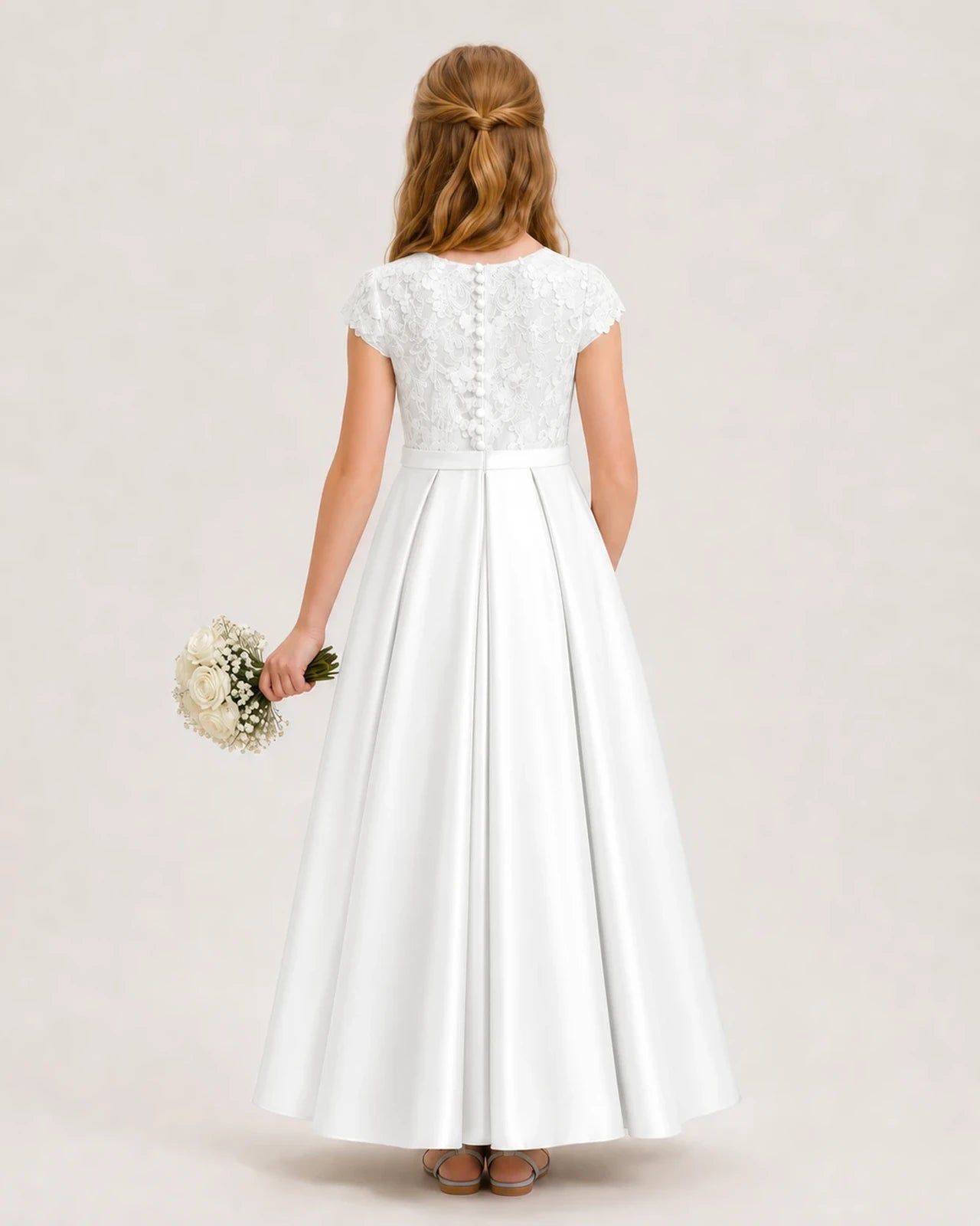 Ivory Satin Lace Junior Bridesmaid Dresses Back View