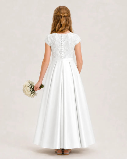 Ivory Satin Lace Junior Bridesmaid Dresses Back View