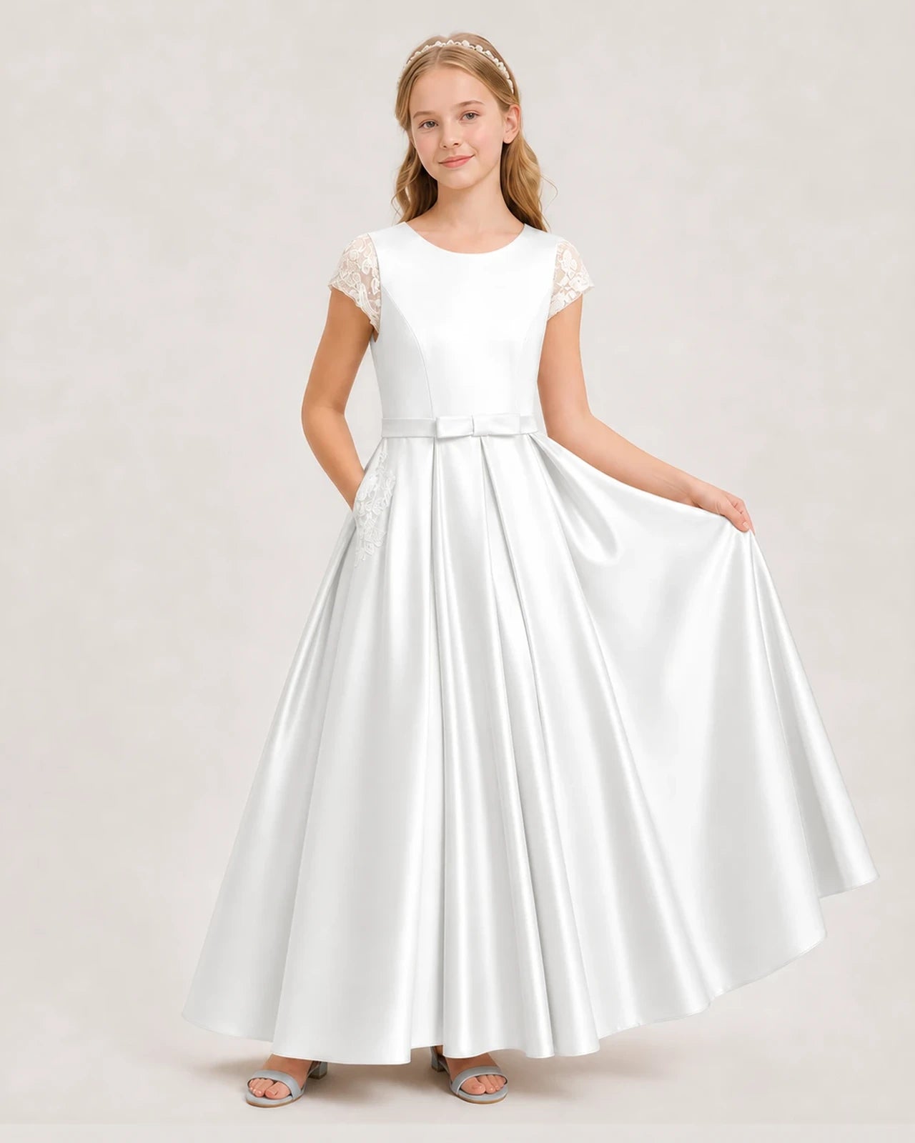 Ivory satin A-line junior bridesmaid dress Front View