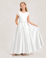 Ivory satin A-line junior bridesmaid dress Front View