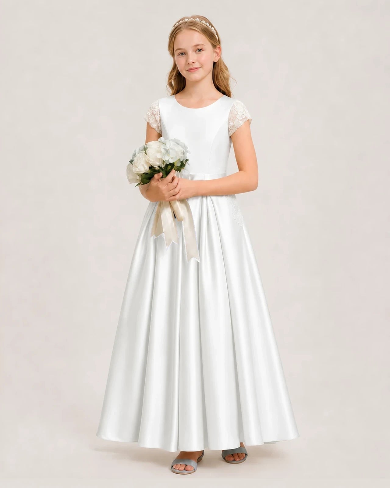 Ivory Satin A-Line Junior Bridesmaid Dresses Side View