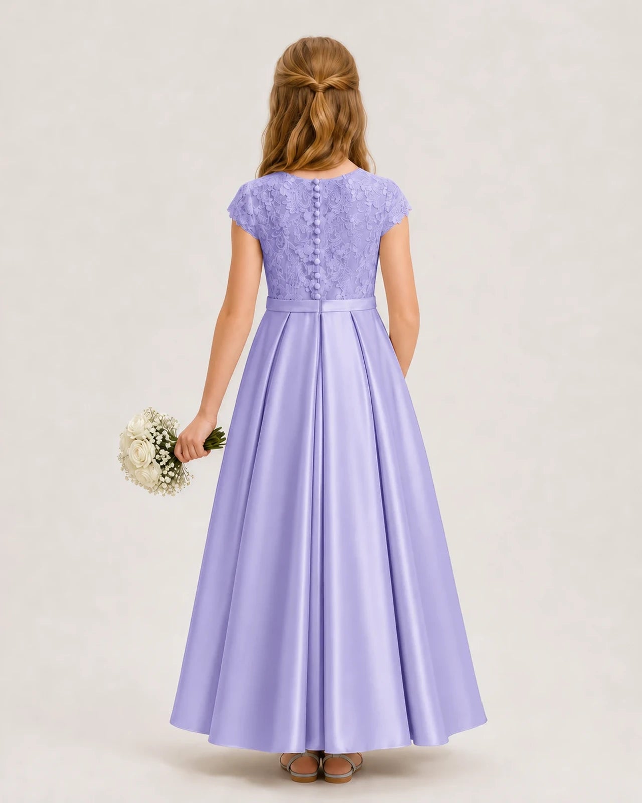 Lavender Satin Lace A-Line Junior Bridesmaid Dresses Back View