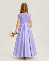 Lavender Satin Lace A-Line Junior Bridesmaid Dresses Back View