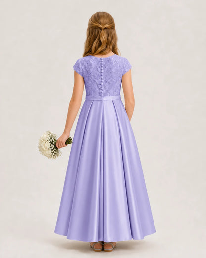 Lavender Satin Lace A-Line Junior Bridesmaid Dresses Back View