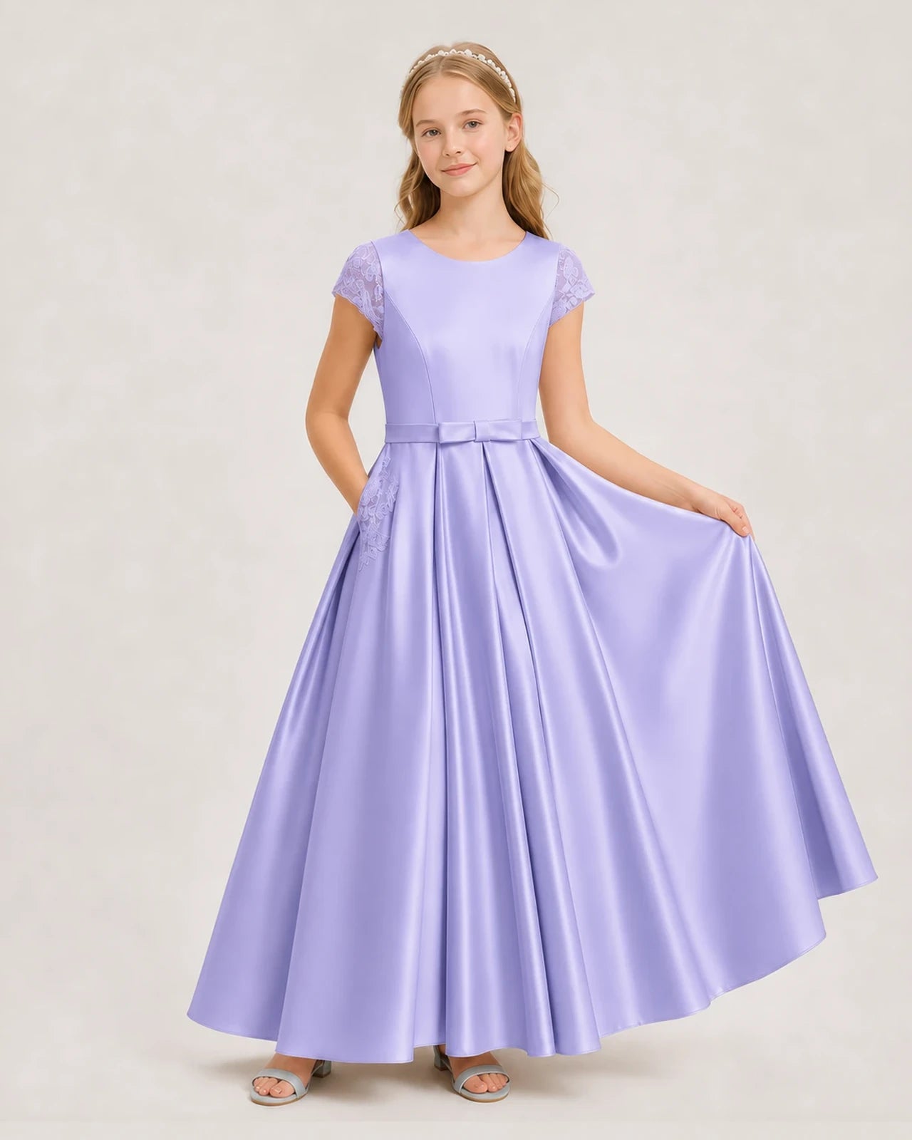 Lavender Satin A-Line Junior Bridesmaid Dresses Front View