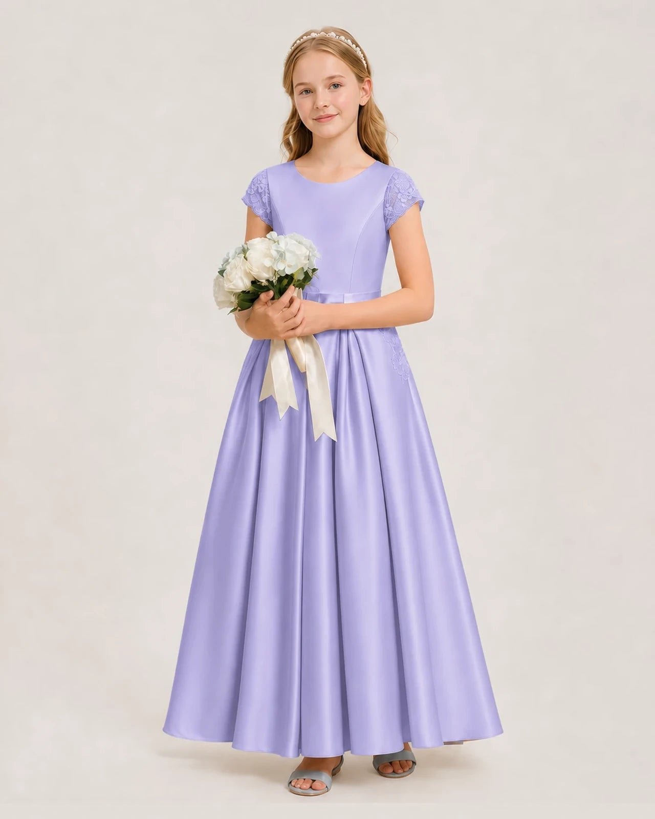 Lavender Satin A-Line Junior Bridesmaid Dresses Side View