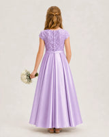 Lilac Lace and Satin A-Line Junior Bridesmaid Dresses Back View