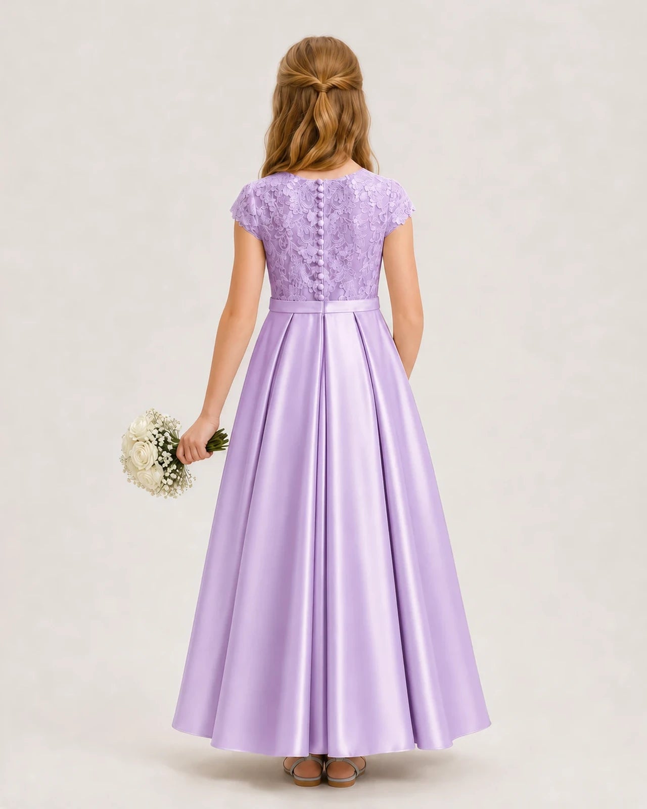 Lilac Lace and Satin A-Line Junior Bridesmaid Dresses Back View