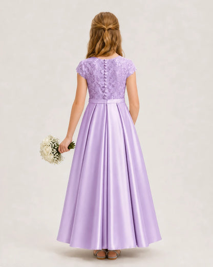 Lilac Lace and Satin A-Line Junior Bridesmaid Dresses Back View