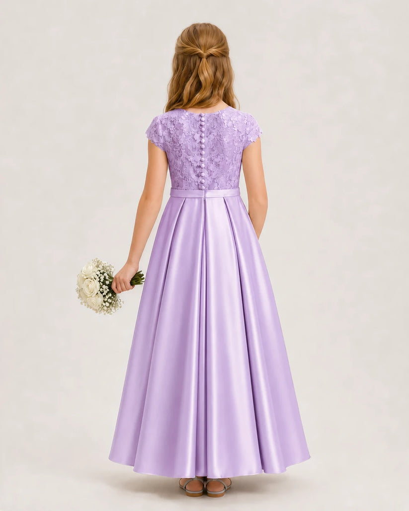 Lilac Lace and Satin A-Line Junior Bridesmaid Dresses Back View