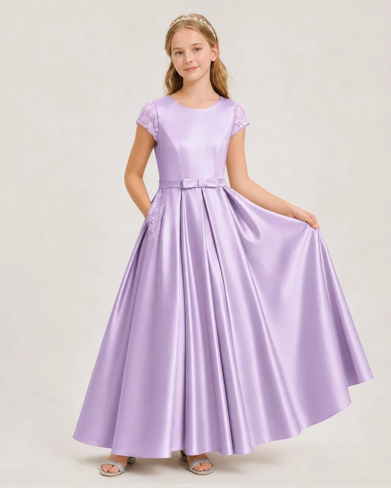 Lilac Satin A-Line Junior Bridesmaid Dresses Front View