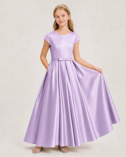 Lilac Satin A-Line Junior Bridesmaid Dresses Front View
