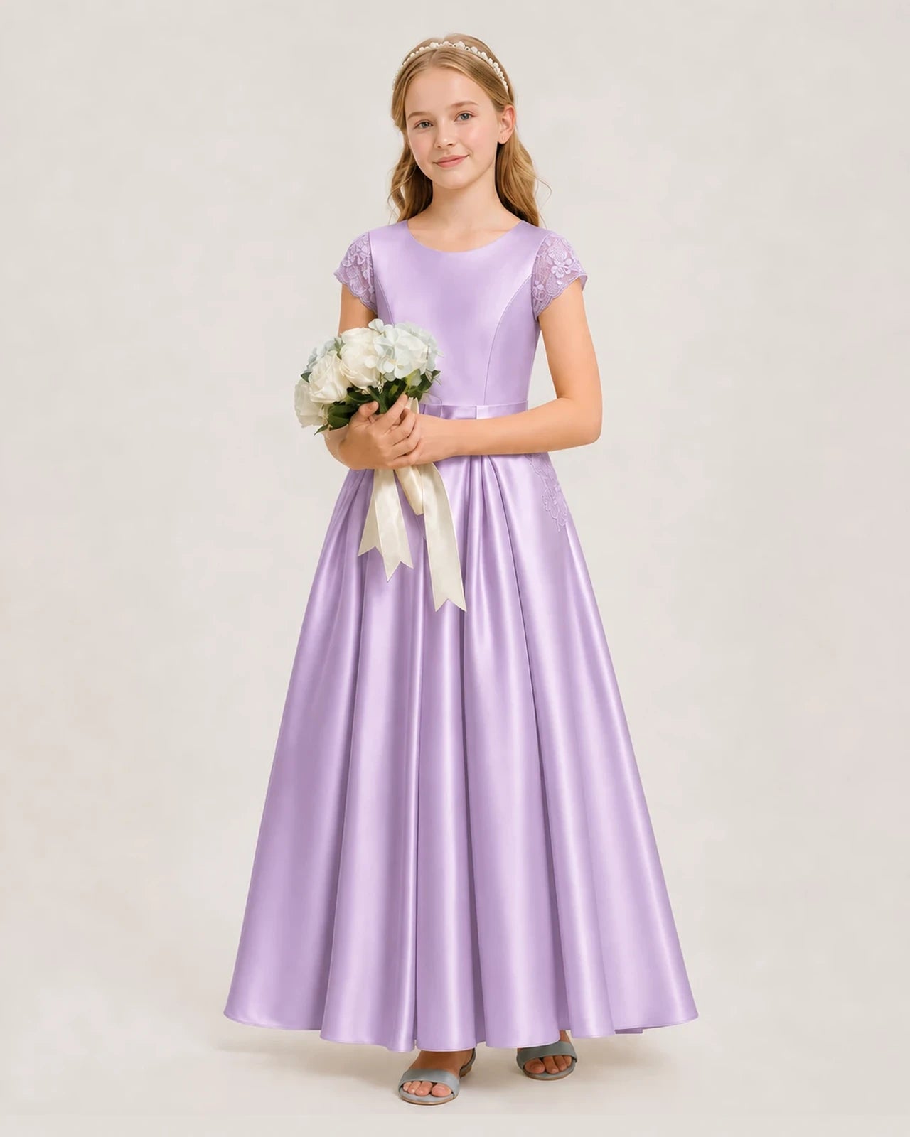 Lilac Satin A-Line Junior Bridesmaid Dresses Side View