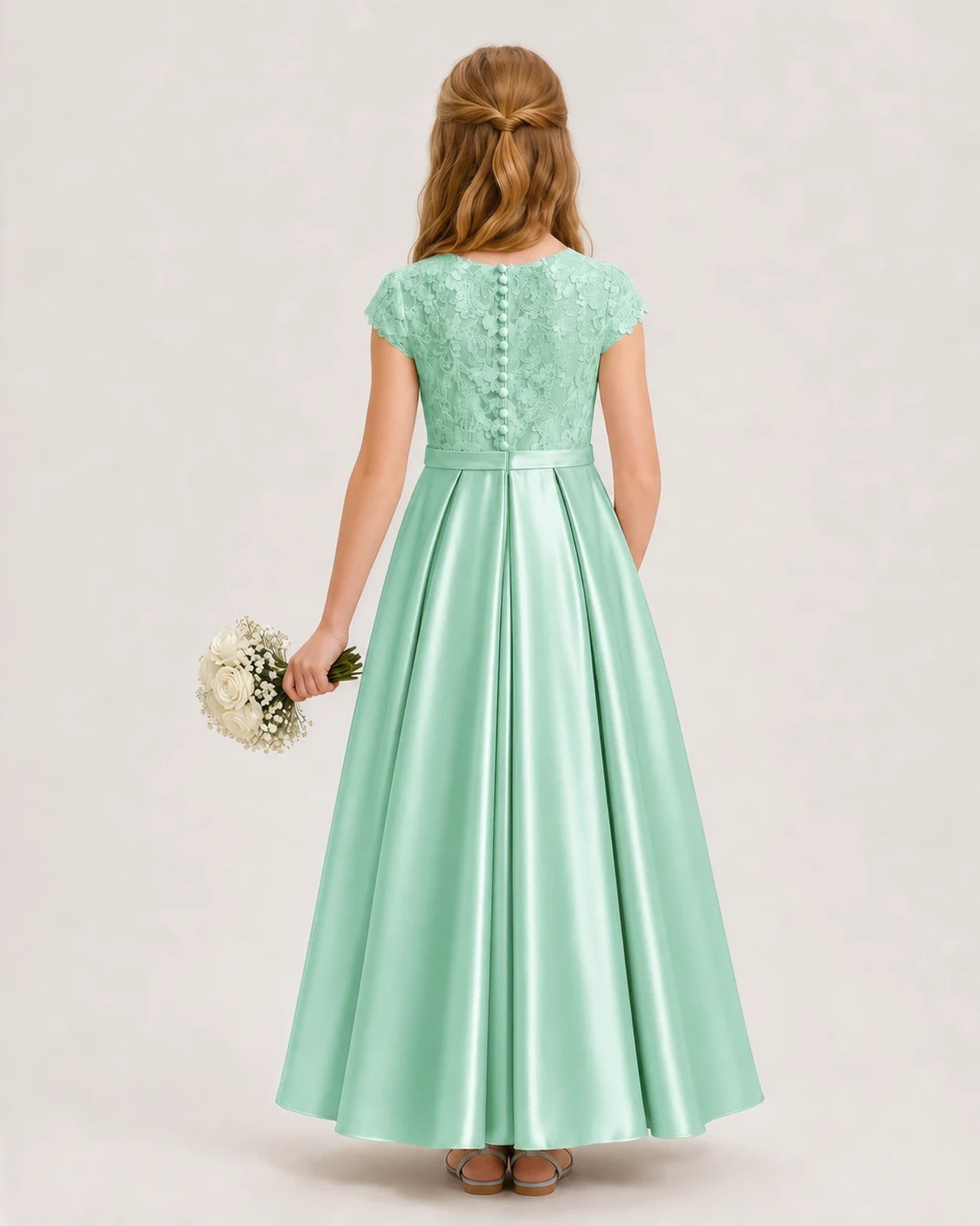 Mint Green Satin Lace A-Line Junior Bridesmaid Dresses Back View