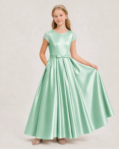 Mint Green Satin A-Line Junior Bridesmaid Dresses Front View