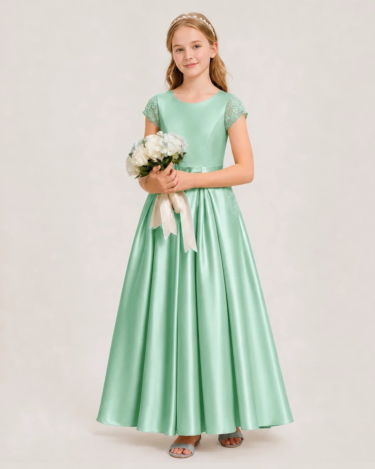 Mint Green Satin A-Line Junior Bridesmaid Dresses Side View