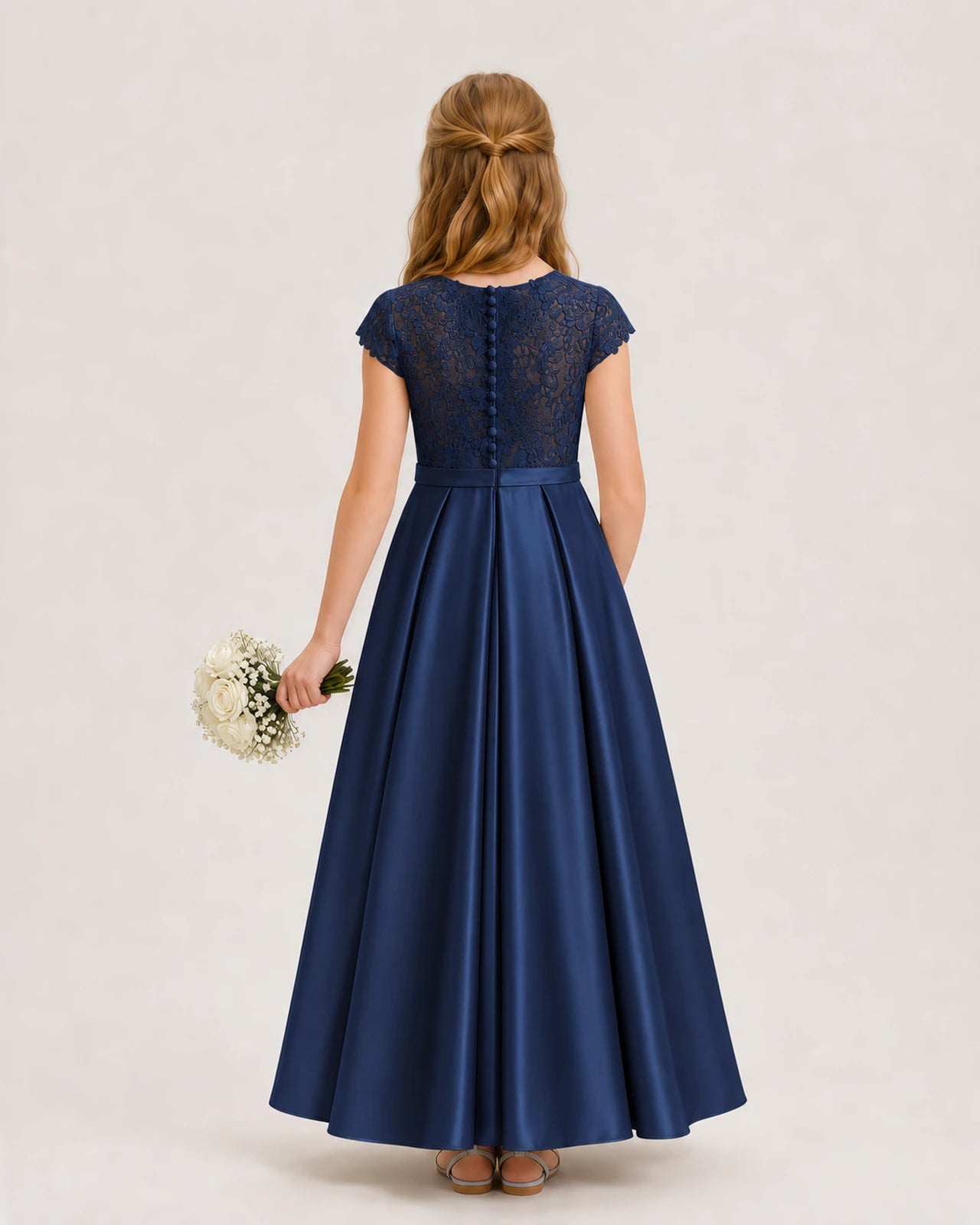Navy Blue Satin Lace Junior Bridesmaid Dresses Back View