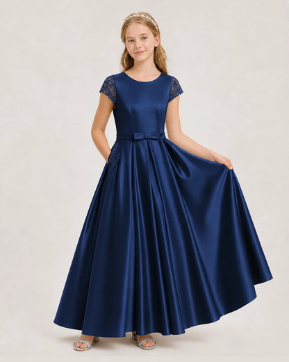 Navy Blue Satin A-Line Junior Bridesmaid Dresses Front View