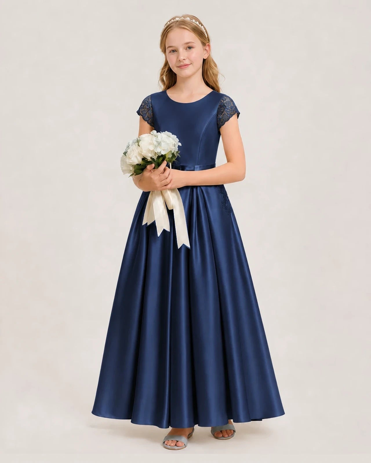 Navy blue satin A-line junior bridesmaid dress Side View