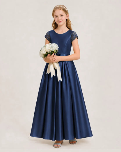 Navy blue satin A-line junior bridesmaid dress Side View