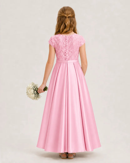 Pink Lace and Satin A-Line Junior Bridesmaid Dresses Back View