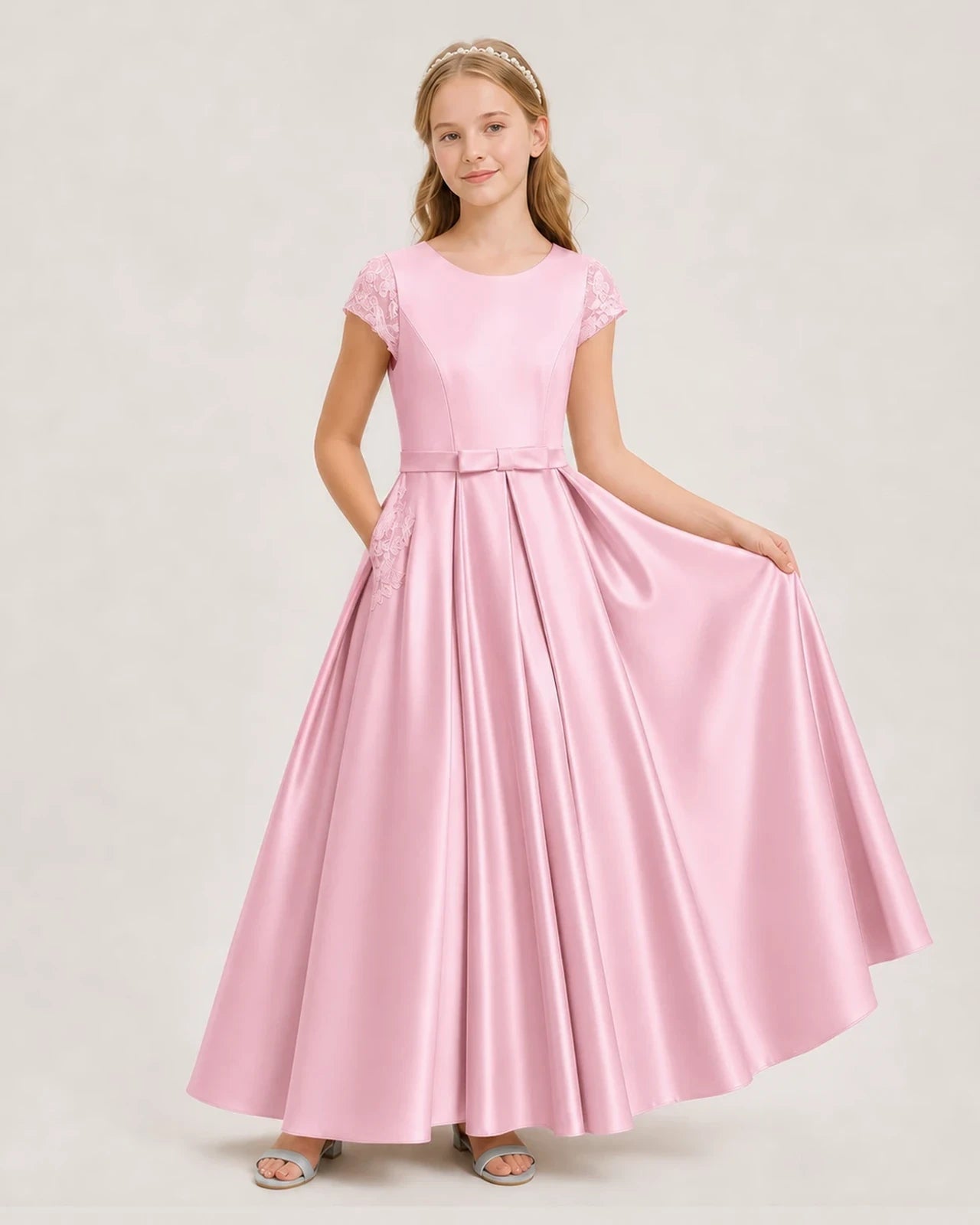 Pink Satin A-Line Junior Bridesmaid Dresses Front View