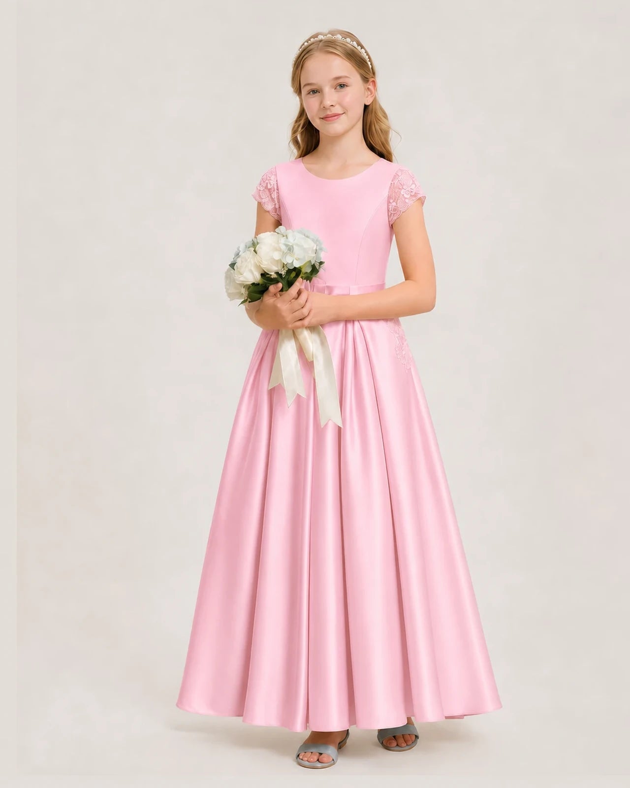 Pink Satin A-Line Junior Bridesmaid Dresses Side View
