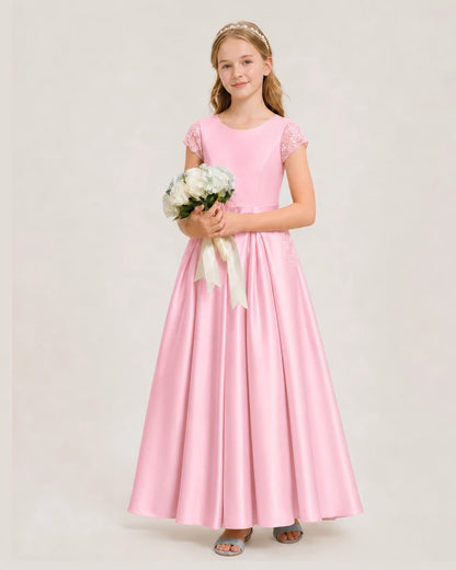 Pink Satin A-Line Junior Bridesmaid Dresses Side View