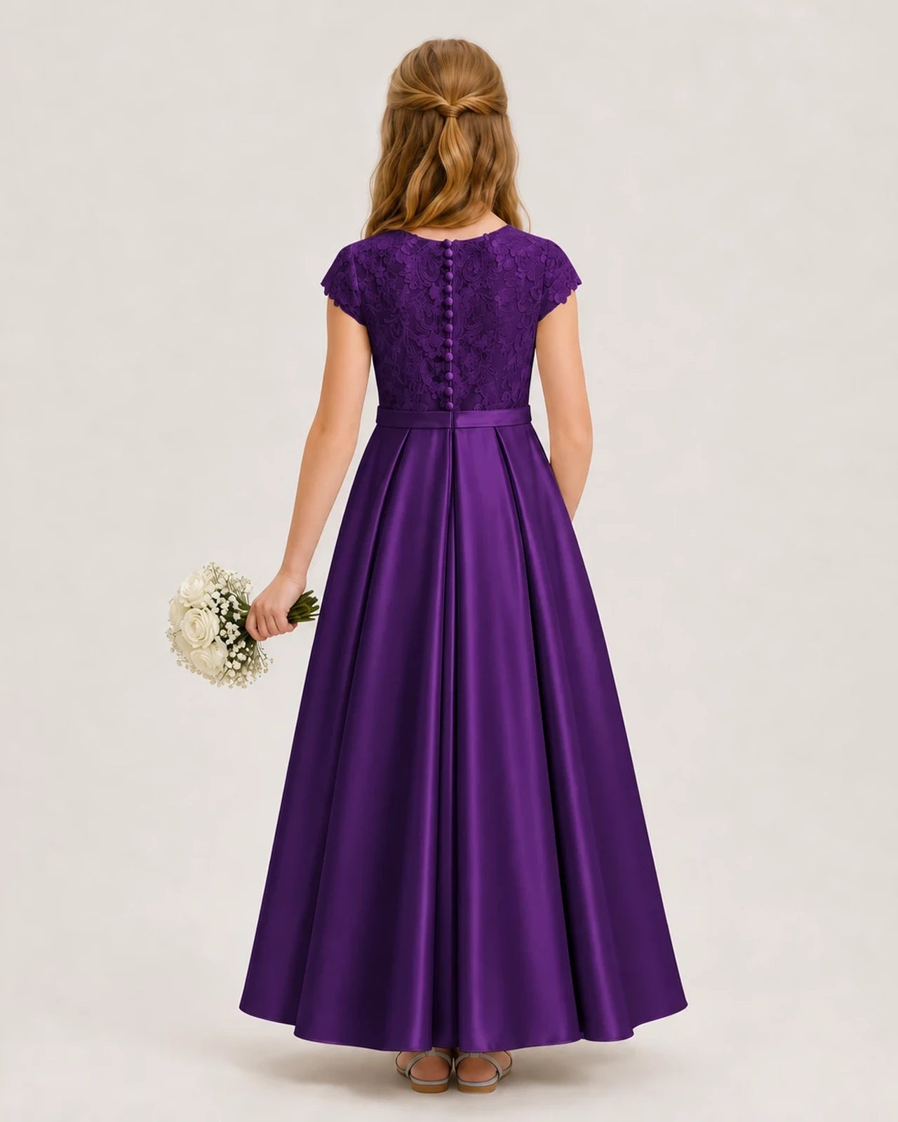 Purple satin and lace A-line junior bridesmaid dress Back View