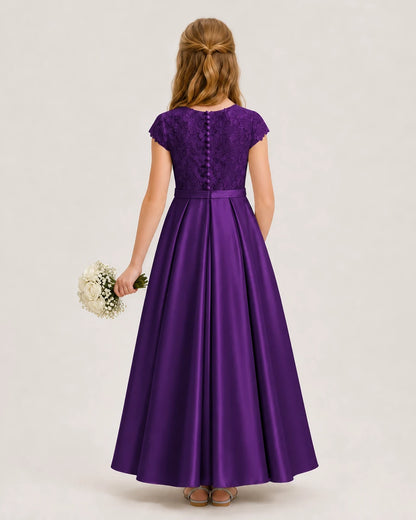 Purple satin and lace A-line junior bridesmaid dress Back View