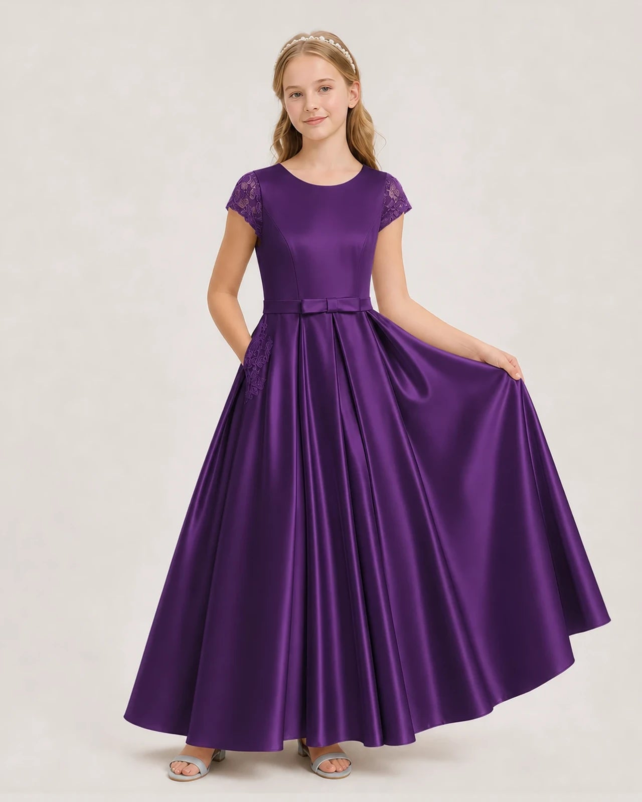 Purple Satin A-Line Junior Bridesmaid Dresses Front View
