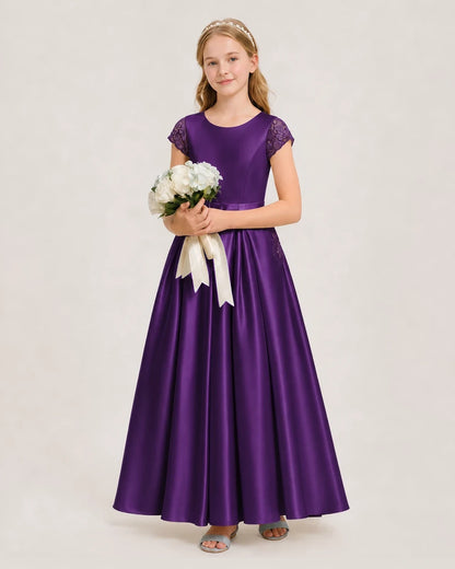Purple Satin A-Line Junior Bridesmaid Dresses Side View