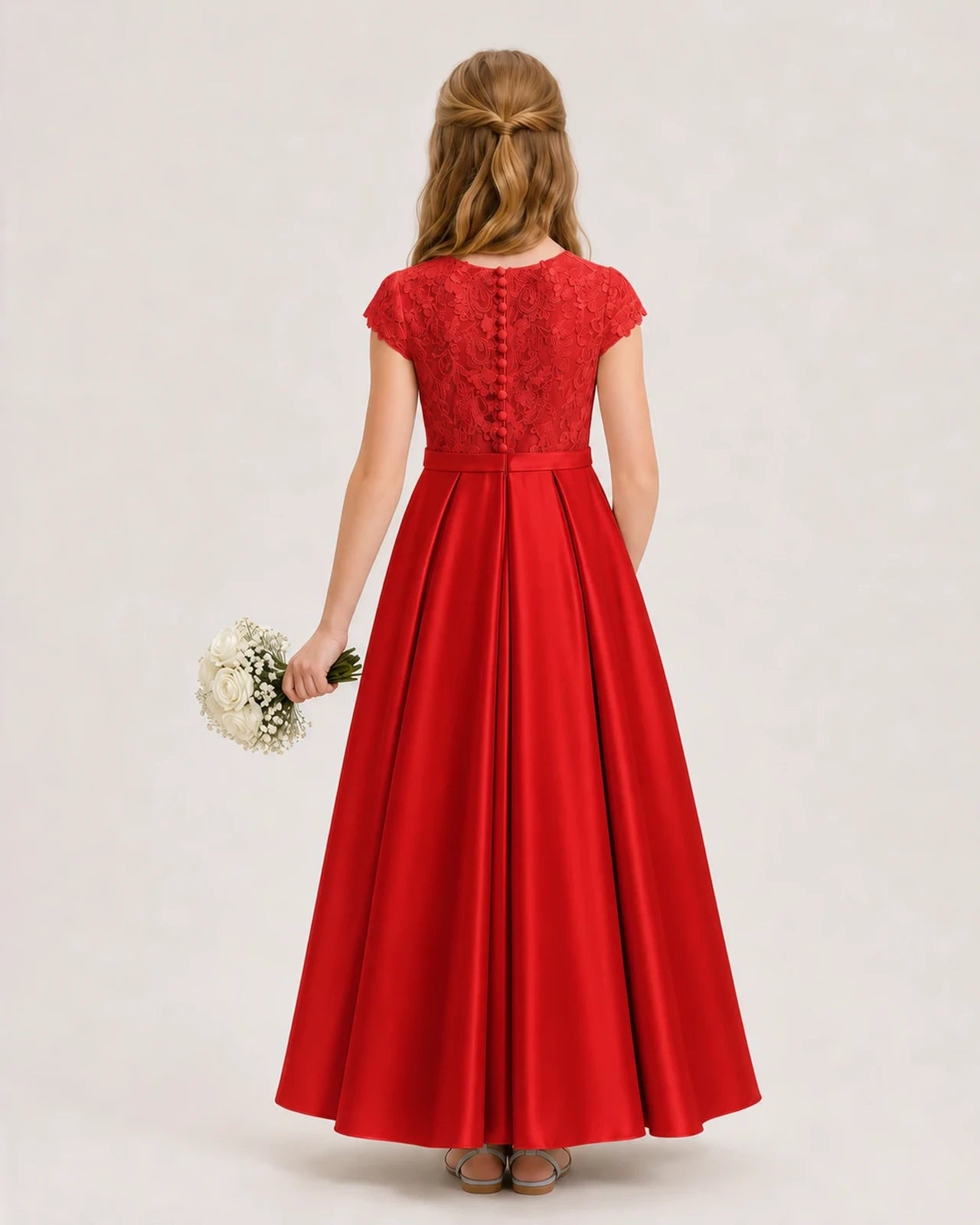 Red Satin Lace A-Line Junior Bridesmaid Dresses Back View