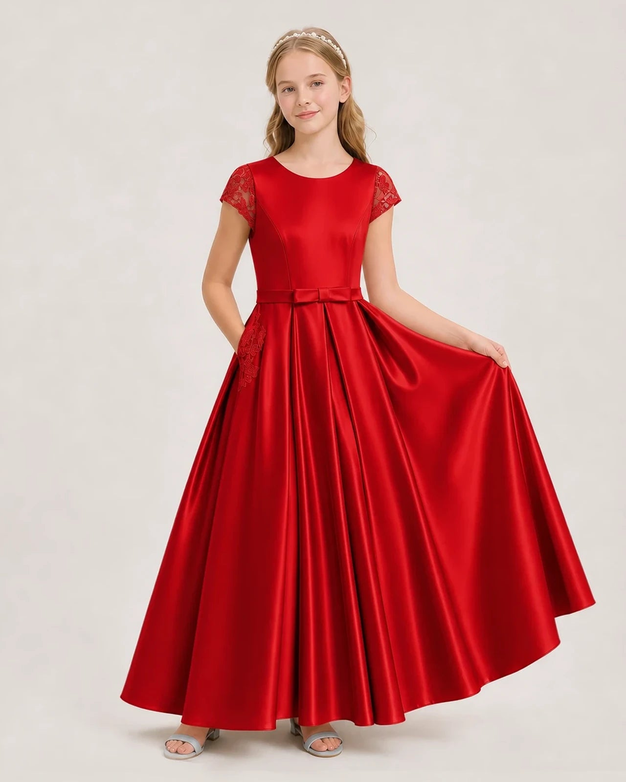 Red satin A-line Junior Bridesmaid Dresses Front View