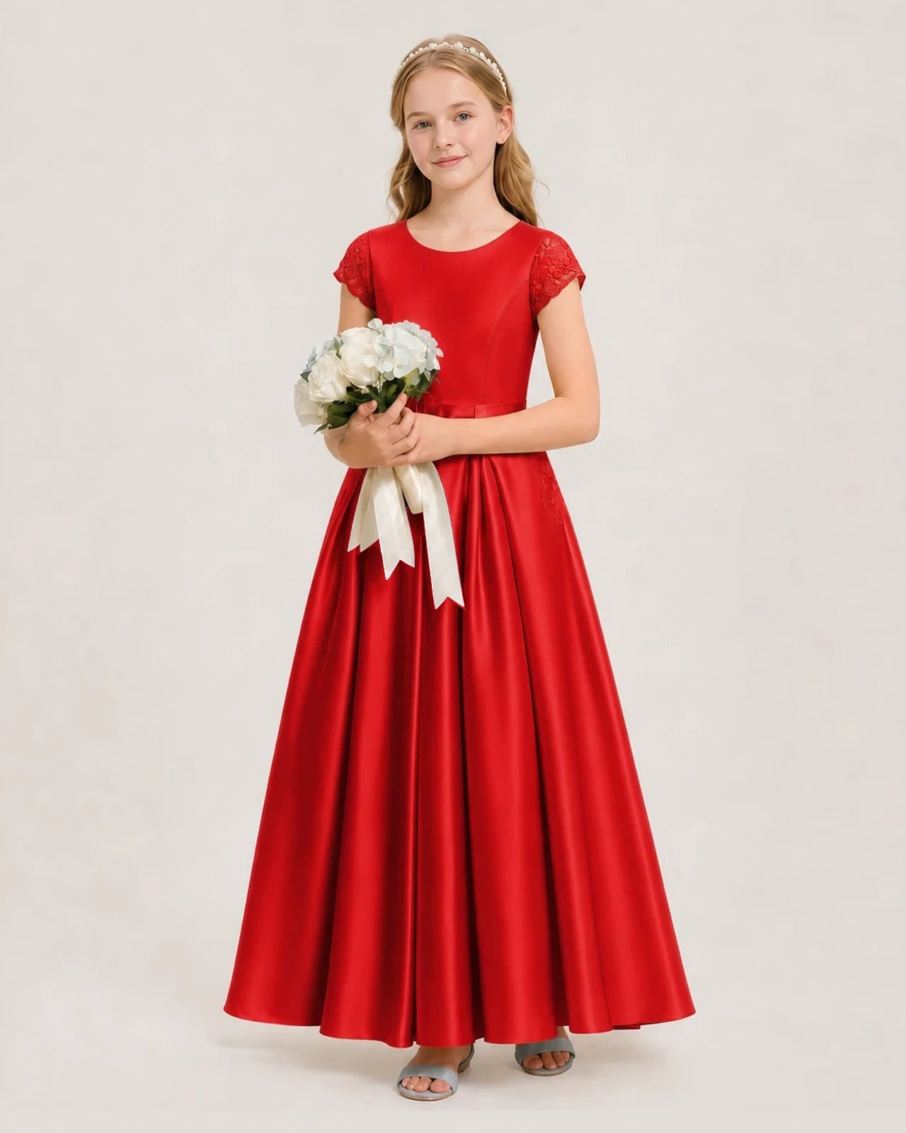 Red Satin A-line Junior Bridesmaid Dresses Side View