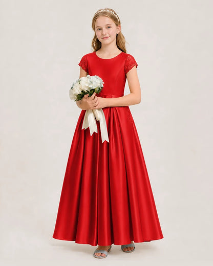 Red Satin A-line Junior Bridesmaid Dresses Side View
