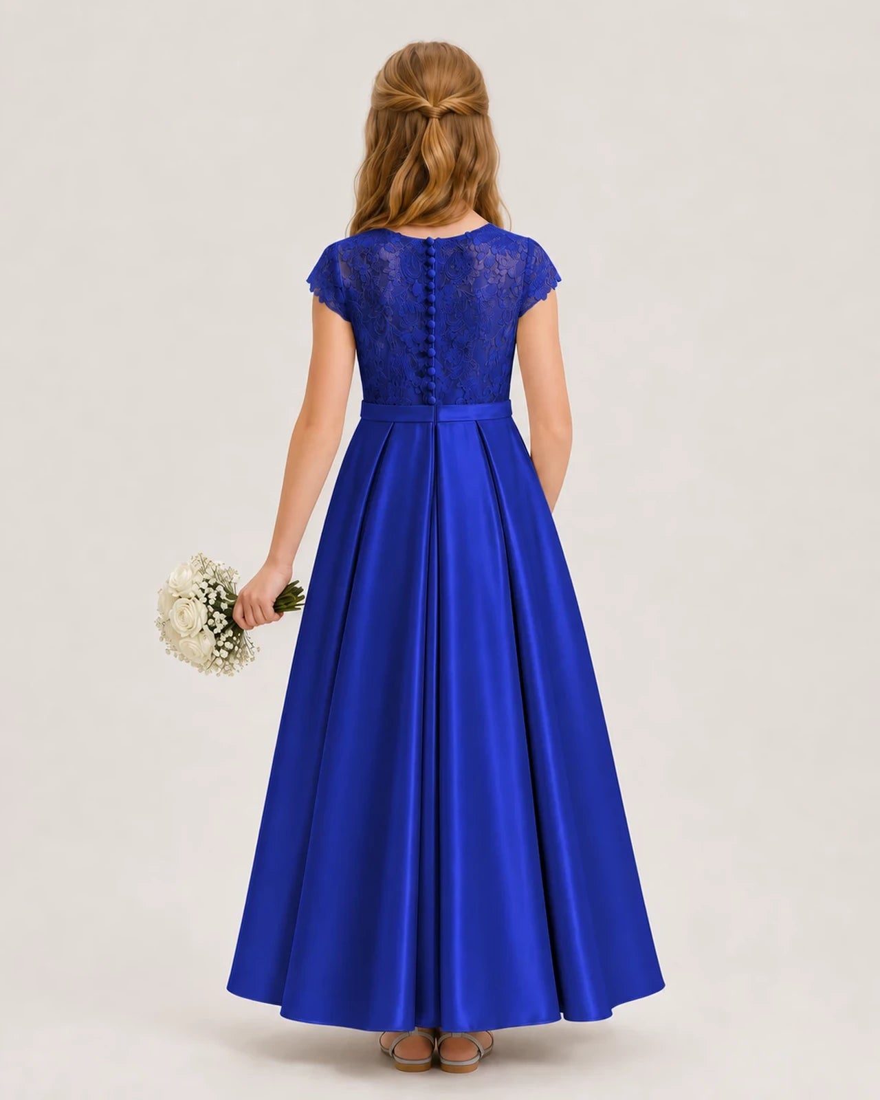 Royal Blue Satin Lace A-Line Junior Bridesmaid Dresses Back View
